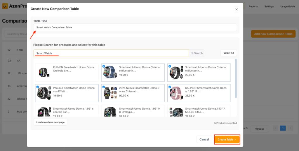 Amazon comparison table creation