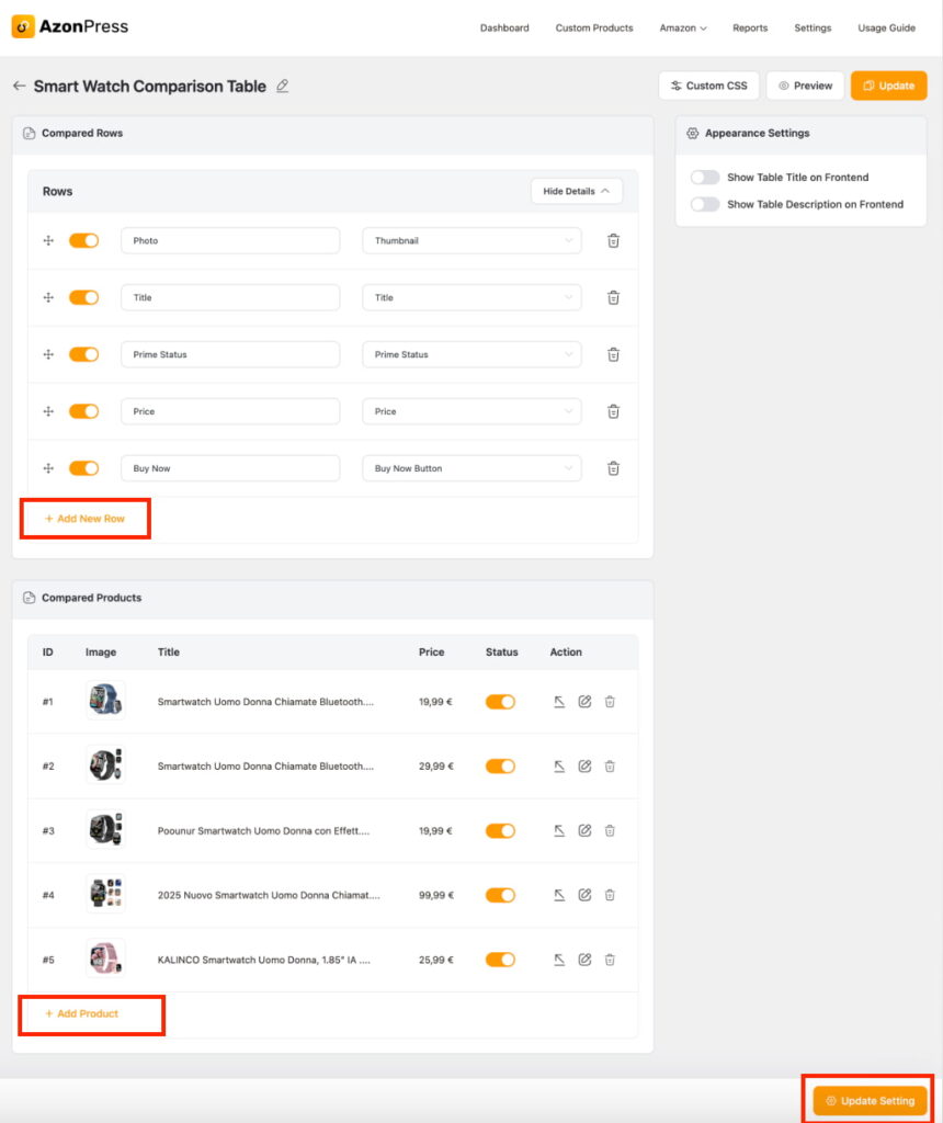 Amazon Comparison table customizations