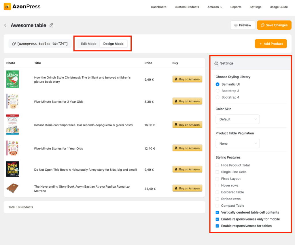 Product table customizations