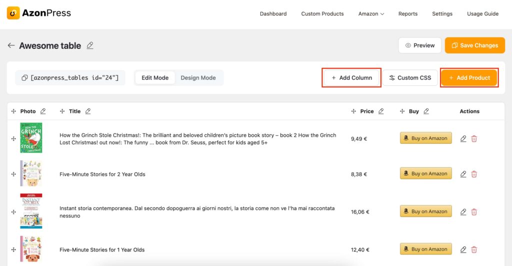 Product table edit option
