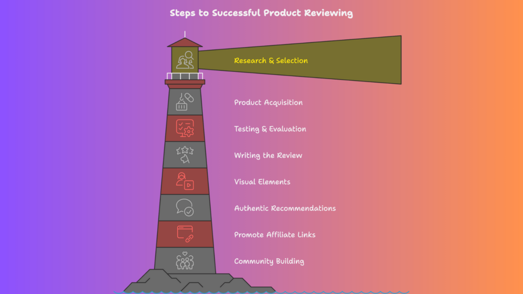 key steps for successfully reviewing products as part of affiliate marketing, from research and testing to promoting affiliate links and building a community.