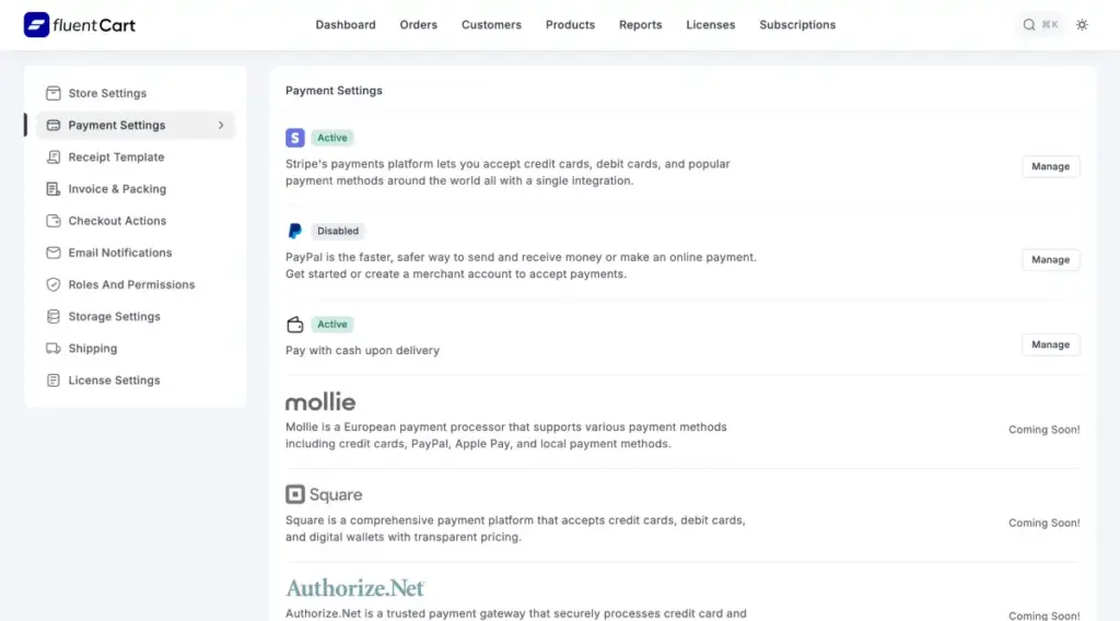 FluentCart payment gateways