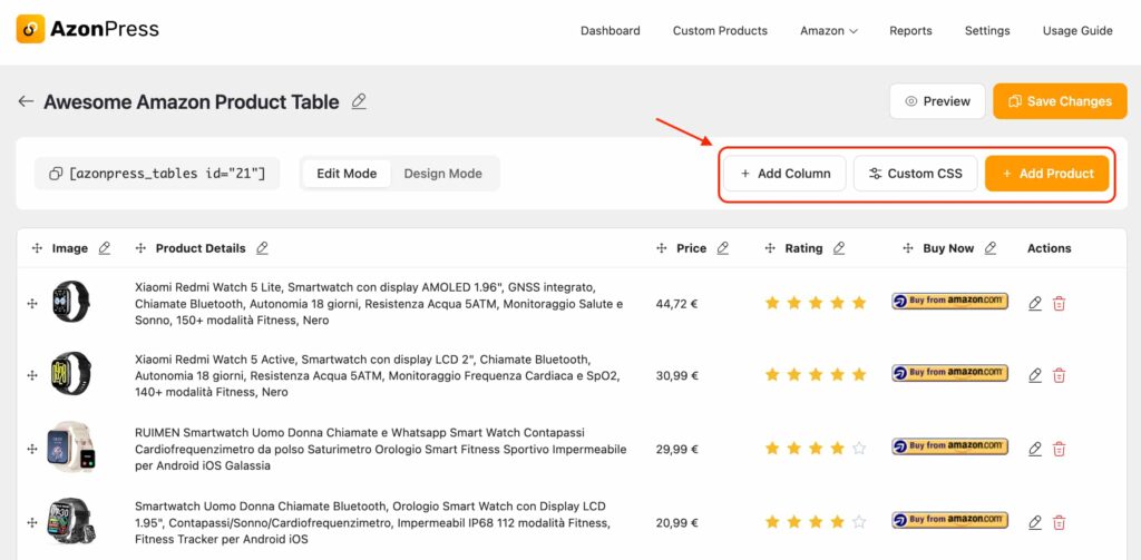 Product table edit mode