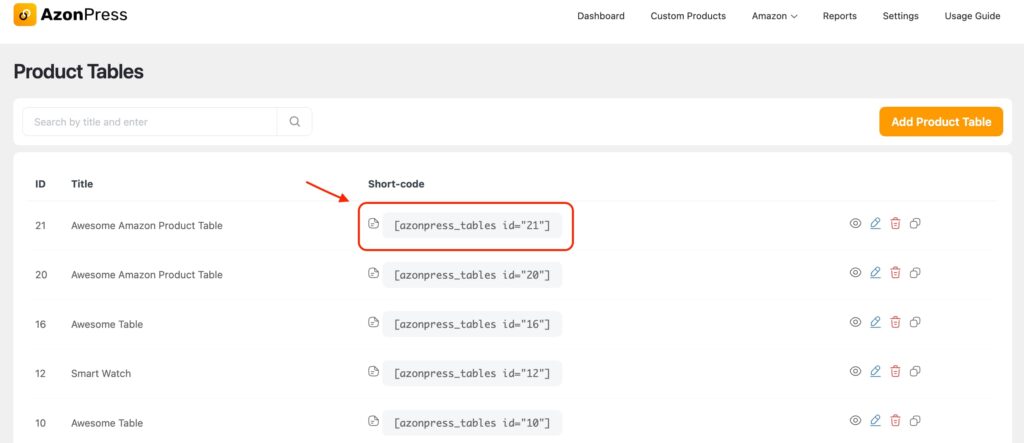 Product table shortcode