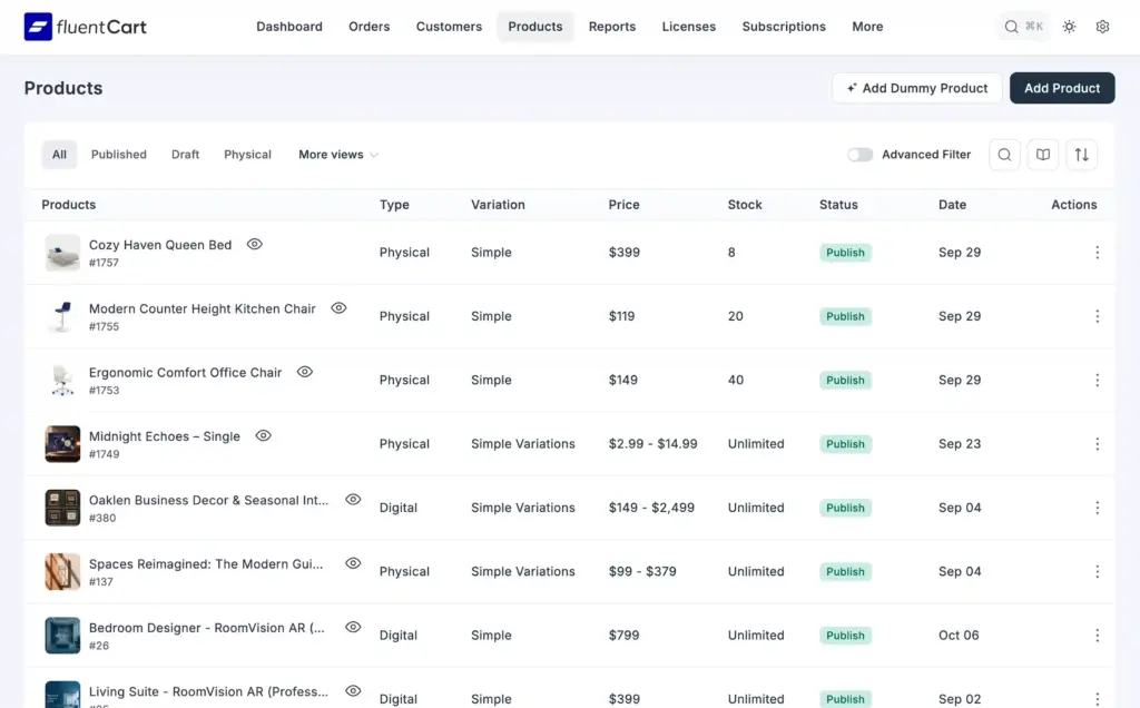 admin dashboard product lists