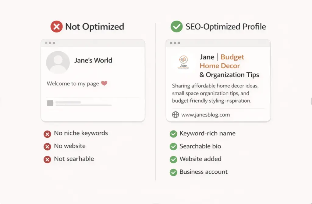 SEO optimized and non optimized Pinterest profile comparison