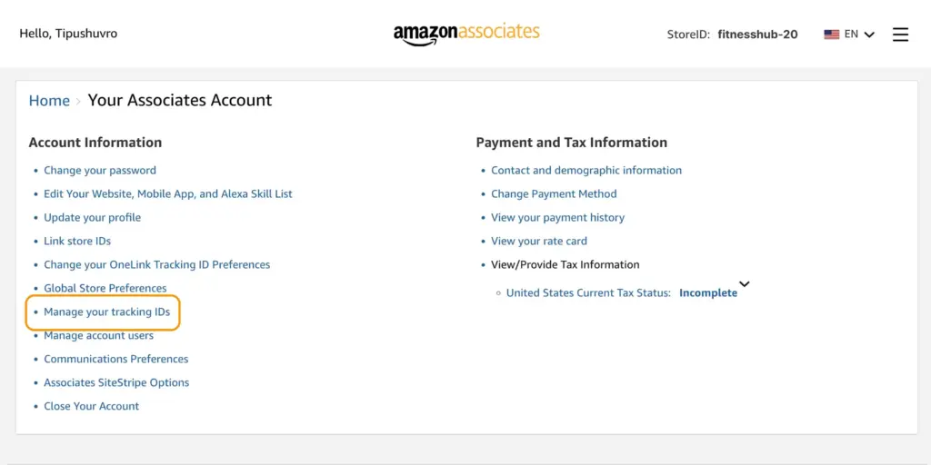 amazon associates tracking id creation
