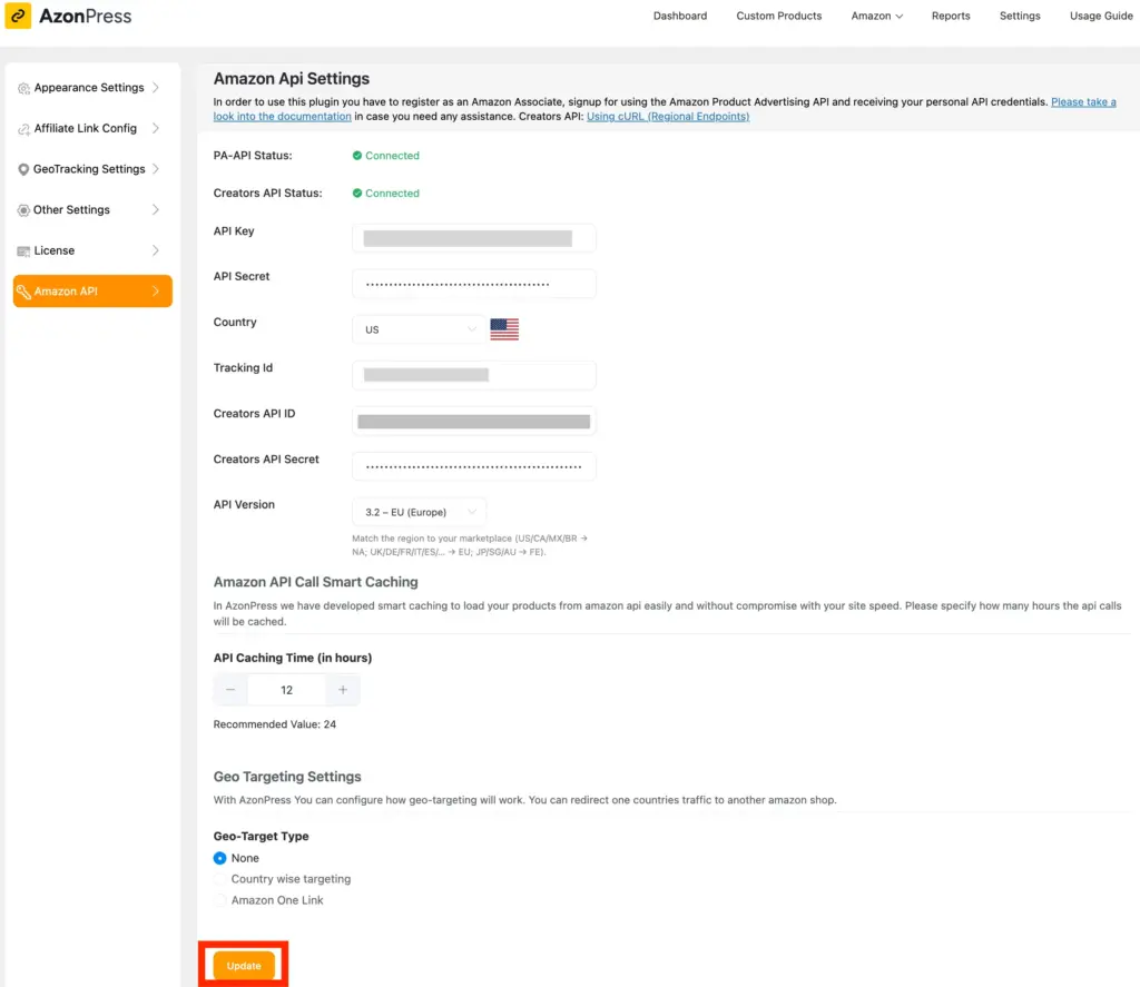 amazon creators api settings