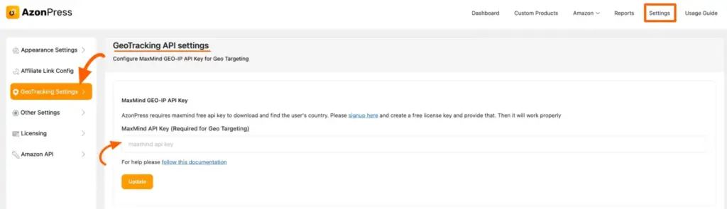 geotracking api settings from azonpress dashboard 1536x442