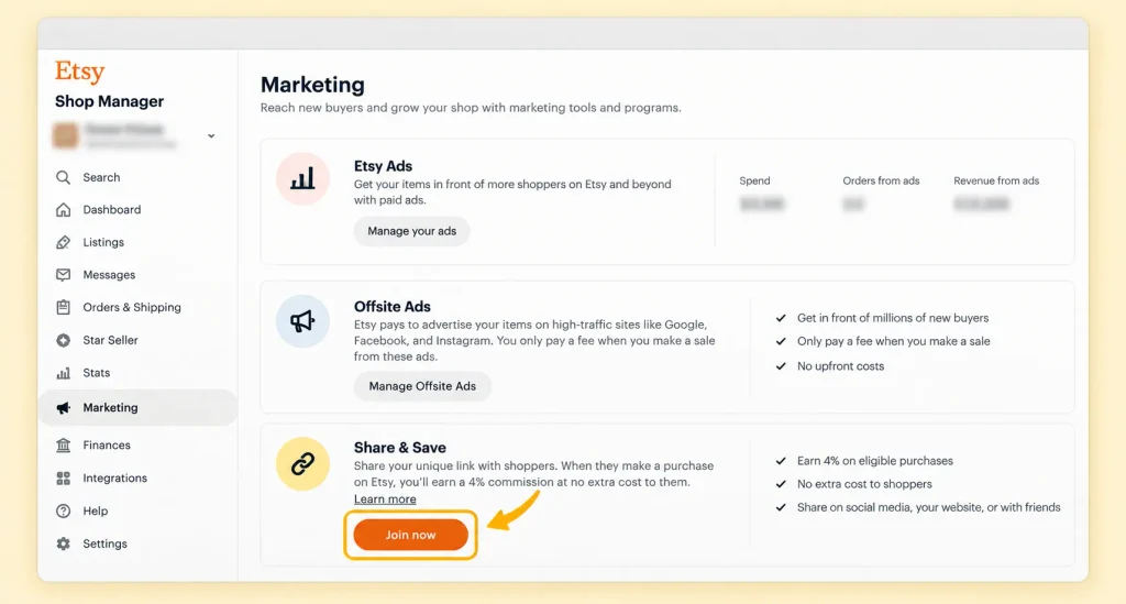 etsy marketing dashboard share & save