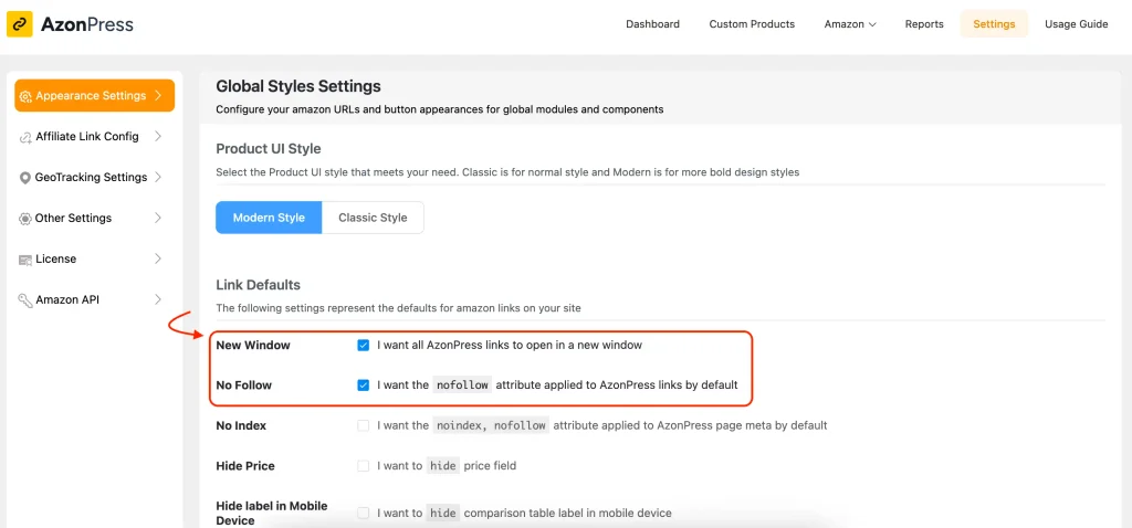 nofollow settings